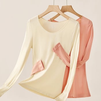 2052 Тънък и топъл дамски топ с дълги ръкави и кръгло деколте, Slim-Fit кройка, модал, базов слой за есен-зима