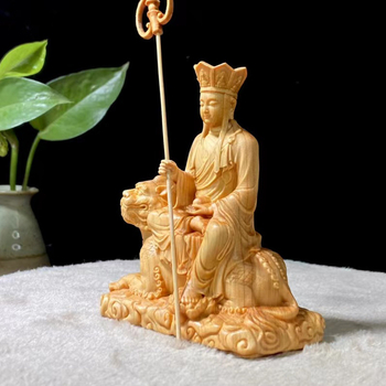 Дървена статуя на Ksitigarbha Bodhisattva върху яздящо зверче, за домашен декор, дзен скулптура