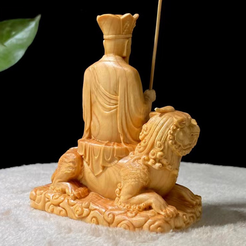 Дървена статуя на Ksitigarbha Bodhisattva върху яздящо зверче, за домашен декор, дзен скулптура