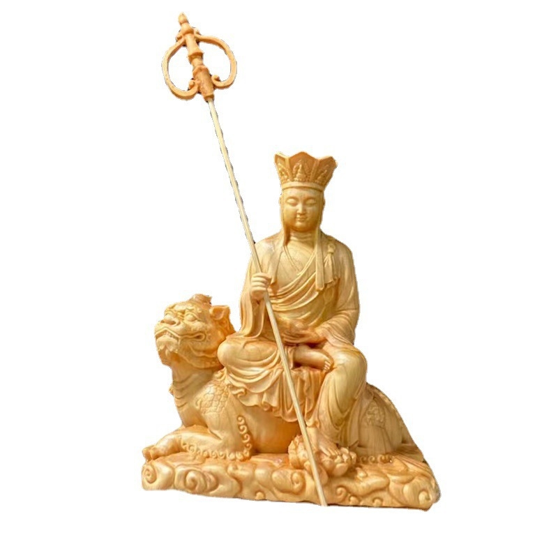 Дървена статуя на Ksitigarbha Bodhisattva върху яздящо зверче, за домашен декор, дзен скулптура
