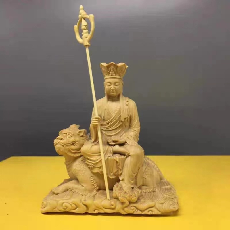 Дървена статуя на Ksitigarbha Bodhisattva върху яздящо зверче, за домашен декор, дзен скулптура