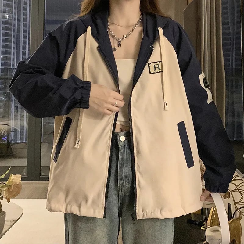 Цветово блокирано бейзболно яке за момичета, пролетно-есенно, свободно и леко ветрово яке за ученици