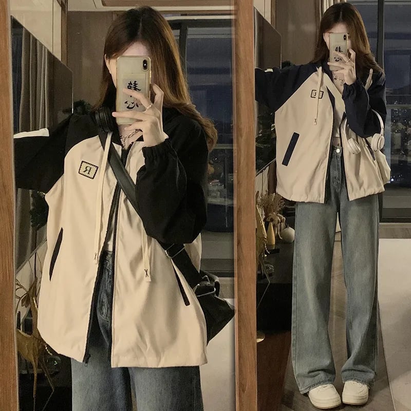 Цветово блокирано бейзболно яке за момичета, пролетно-есенно, свободно и леко ветрово яке за ученици