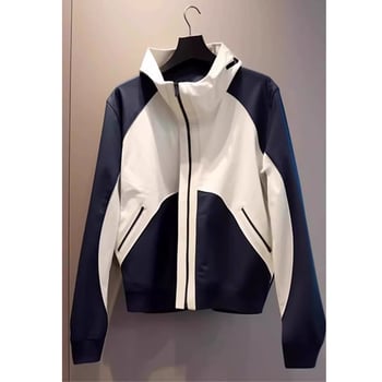 Дамско цветово-блоково яке с висока стойка яка, цип, дълги ръкави, полиестер, casual стил