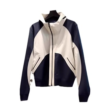 Дамско цветово-блоково яке с висока стойка яка, цип, дълги ръкави, полиестер, casual стил