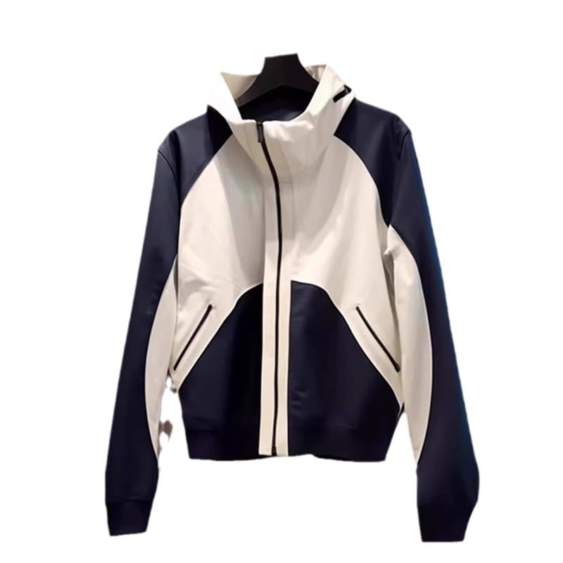 Дамско цветово-блоково яке с висока стойка яка, цип, дълги ръкави, полиестер, casual стил