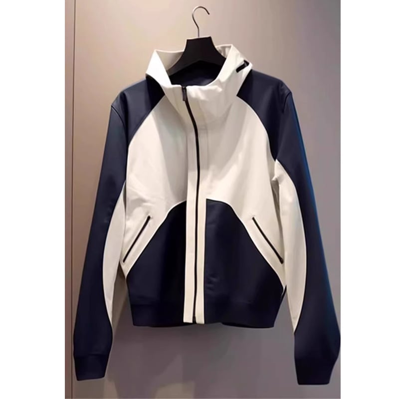 Дамско цветово-блоково яке с висока стойка яка, цип, дълги ръкави, полиестер, casual стил