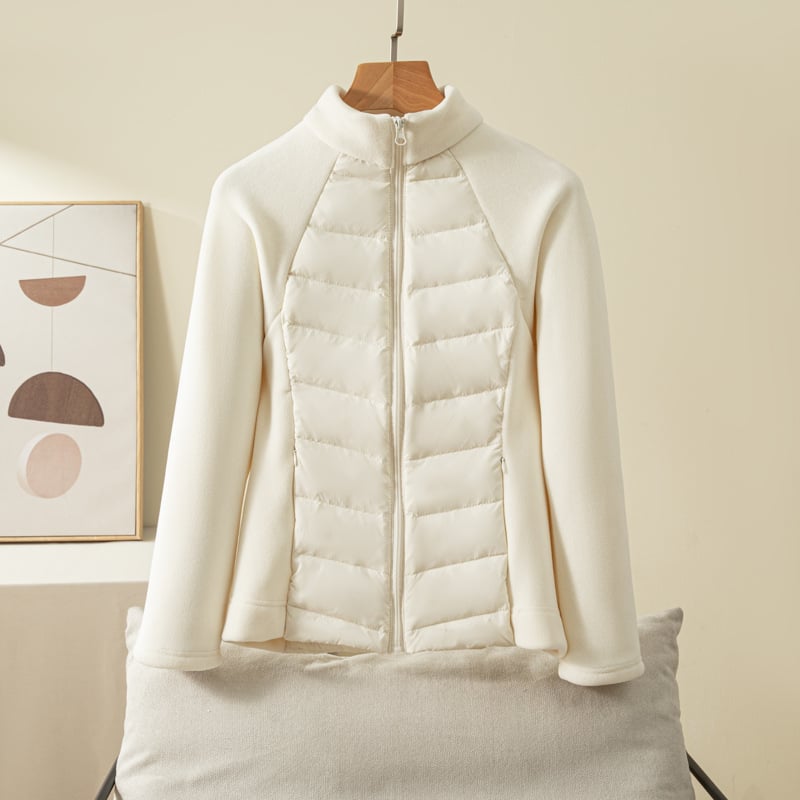 Ženska lagana svilenkasta jakna s perjem za vanjske sportove, kratka, stojeći ovratnik, bijelo kačje perje