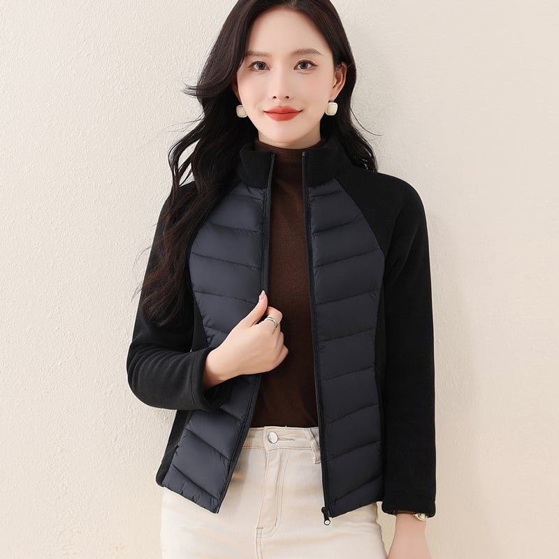 Ženska lagana svilenkasta jakna s perjem za vanjske sportove, kratka, stojeći ovratnik, bijelo kačje perje