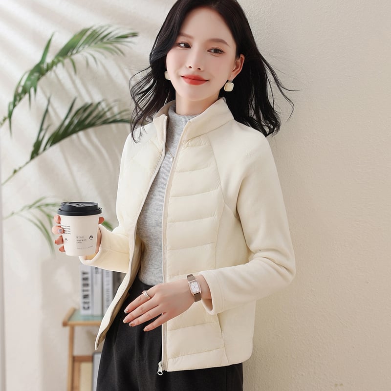 Ženska lagana svilenkasta jakna s perjem za vanjske sportove, kratka, stojeći ovratnik, bijelo kačje perje