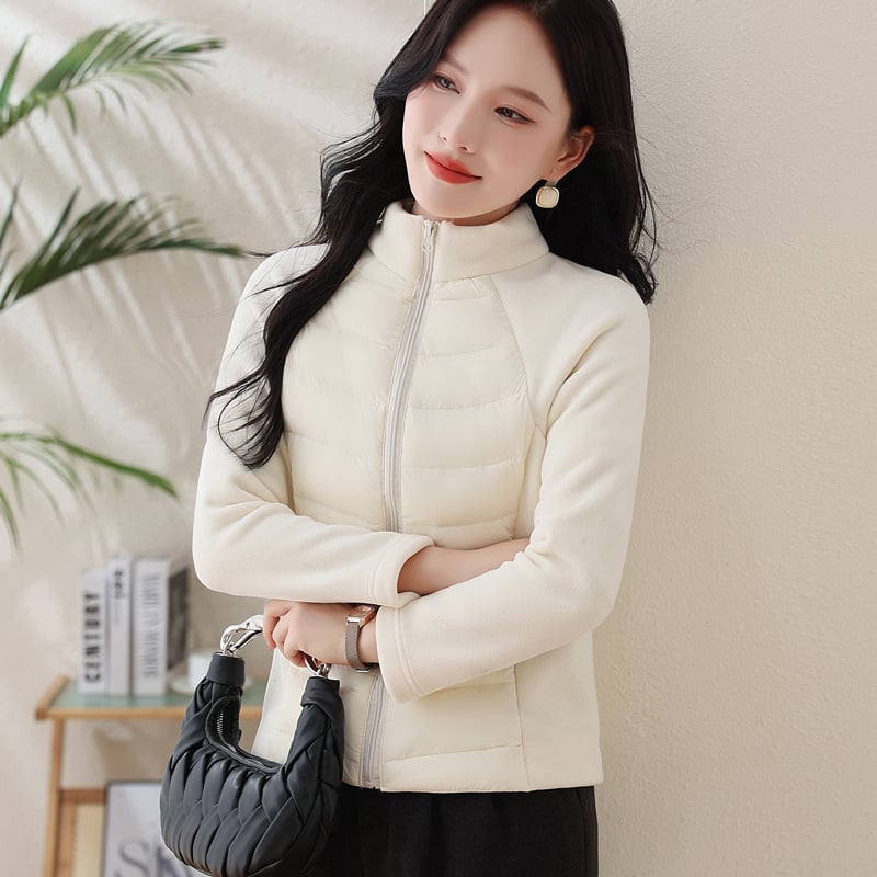 Ženska lagana svilenkasta jakna s perjem za vanjske sportove, kratka, stojeći ovratnik, bijelo kačje perje