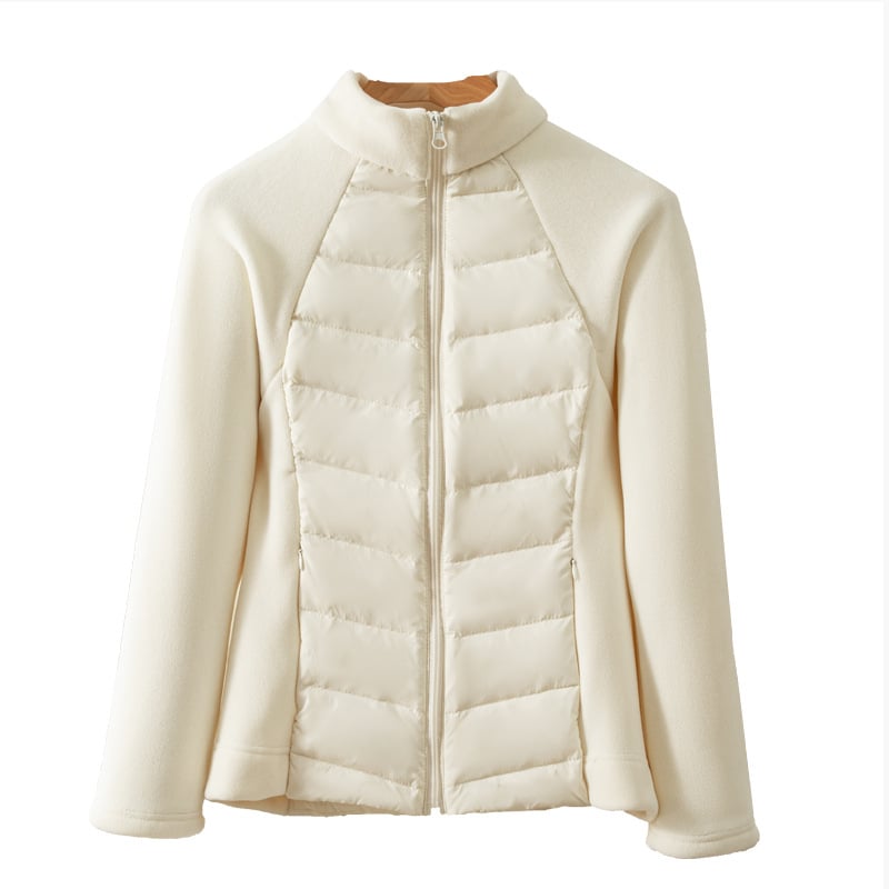 Ženska lagana svilenkasta jakna s perjem za vanjske sportove, kratka, stojeći ovratnik, bijelo kačje perje