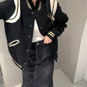 Удебелено черно-бяло вълнено бейзболно яке, унисекс, с контрастни шевове в цветови блокове