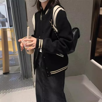 Удебелено черно-бяло вълнено бейзболно яке, унисекс, с контрастни шевове в цветови блокове