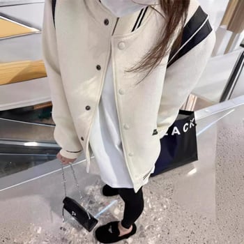 Удебелено черно-бяло вълнено бейзболно яке, унисекс, с контрастни шевове в цветови блокове