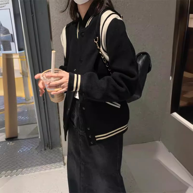 Удебелено черно-бяло вълнено бейзболно яке, унисекс, с контрастни шевове в цветови блокове