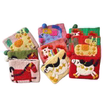 Непалска ръчно изработена филцова чанта с симпатично карикатурно понито – монетник, чанта за телефон и държач за карти