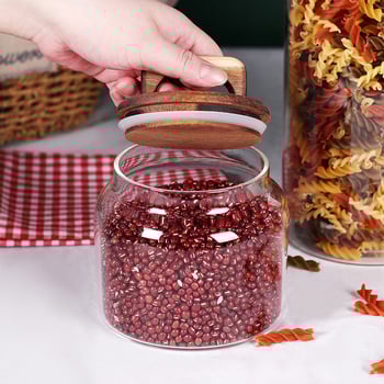 Стъклен буркан с капак с дръжка, прозрачен контейнер за чай, кафе зърна, сушени плодове и зърнени храни