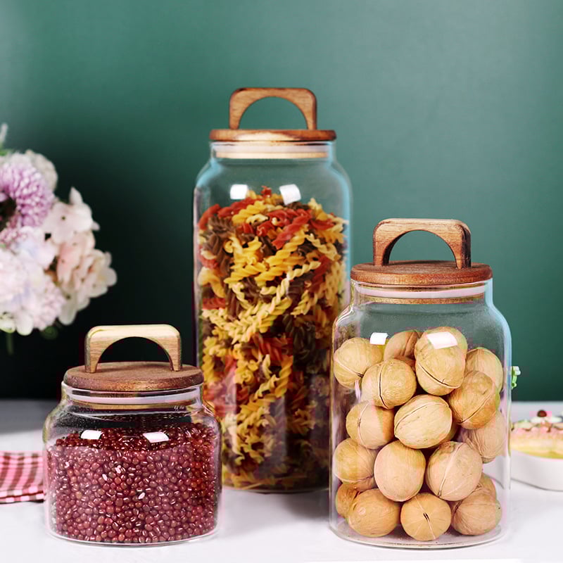 Стъклен буркан с капак с дръжка, прозрачен контейнер за чай, кафе зърна, сушени плодове и зърнени храни