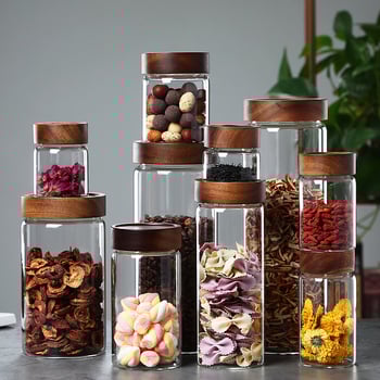 Стъклен буркан за съхранение със резбово устие, подходящ за зърнени култури, чай и кафе