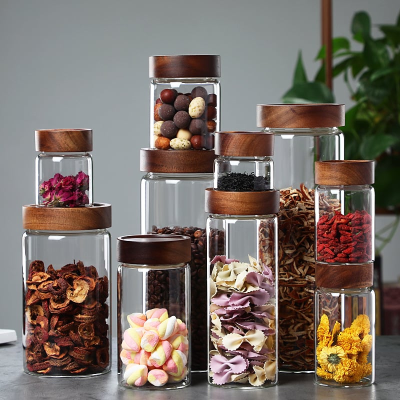 Стъклен буркан за съхранение със резбово устие, подходящ за зърнени култури, чай и кафе