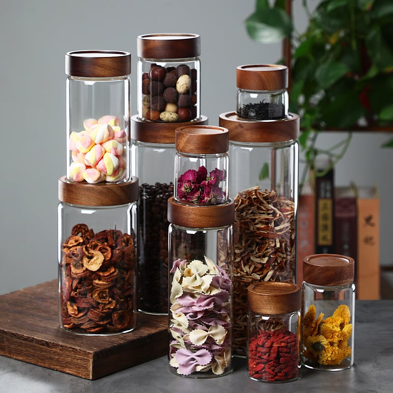 Стъклен буркан за съхранение със резбово устие, подходящ за зърнени култури, чай и кафе