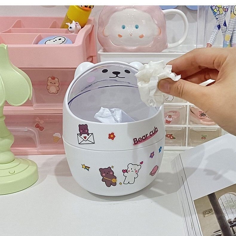 Мини кош за бюро с капак, яйцевидна форма, дизайн мечка, за домашно бюро или нощно шкафче.