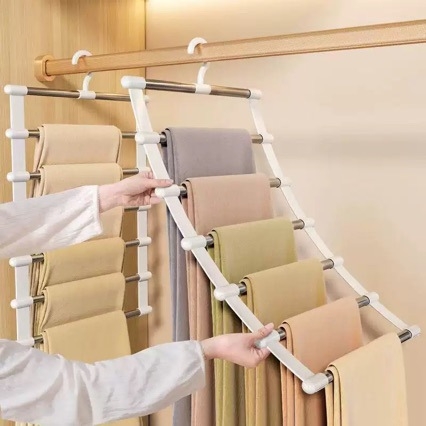 Raft pentru pantaloni cu mai multe niveluri, organizator antialunecare pentru garderobă, clips pliabil pentru pantaloni