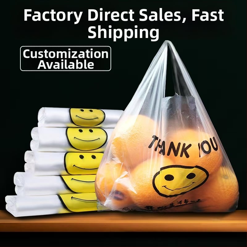 Πυκνή διαφανής πλαστική σακούλα με χαμογελαστό πρόσωπο για παραλαβή φαγητού, συσκευασία φρούτων και αγορές