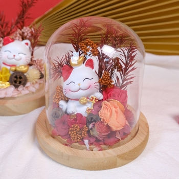 Стъклен купол с късметлийска котка, ръчно изработени вечни цветя, DIY декорация, подарък за откриване на бизнес и преместване в нов дом, за приятели