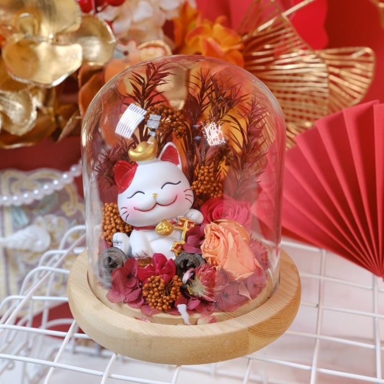 Стъклен купол с късметлийска котка, ръчно изработени вечни цветя, DIY декорация, подарък за откриване на бизнес и преместване в нов дом, за приятели