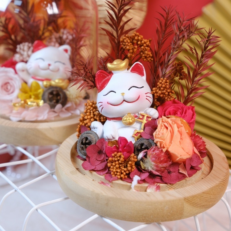 Стъклен купол с късметлийска котка, ръчно изработени вечни цветя, DIY декорация, подарък за откриване на бизнес и преместване в нов дом, за приятели