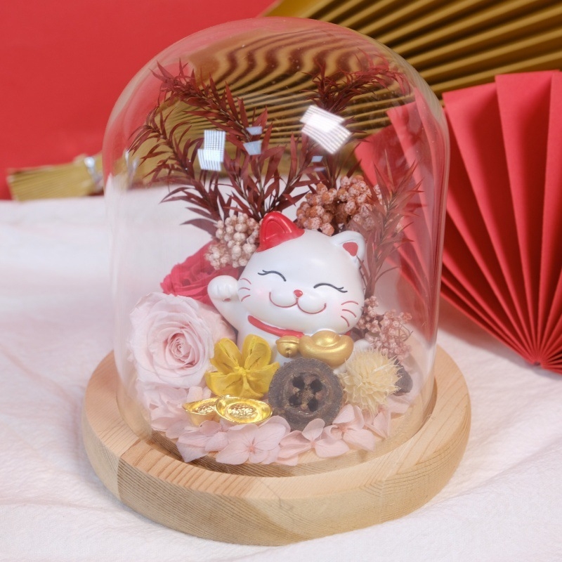 Стъклен купол с късметлийска котка, ръчно изработени вечни цветя, DIY декорация, подарък за откриване на бизнес и преместване в нов дом, за приятели