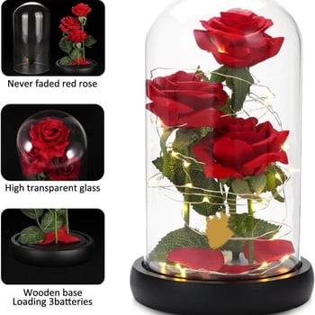 Τριαντάφυλλο υπό γυάλινο θόλο – νυχτερινό φως με διατηρημένο λουλούδι, διακοσμητικό δώρο για τη μητέρα και τη γιορτή του Αγίου Βαλεντίνου