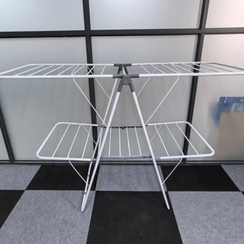 Двустепен подов сушач за дрехи, метален и мобилен, за балкон, суши бебешки завивки и обувки, с функция за съхранение