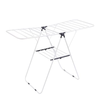 Двустепен подов сушач за дрехи, метален и мобилен, за балкон, суши бебешки завивки и обувки, с функция за съхранение