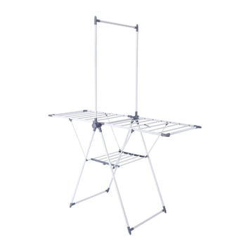 Двустепен подов сушач за дрехи, метален и мобилен, за балкон, суши бебешки завивки и обувки, с функция за съхранение