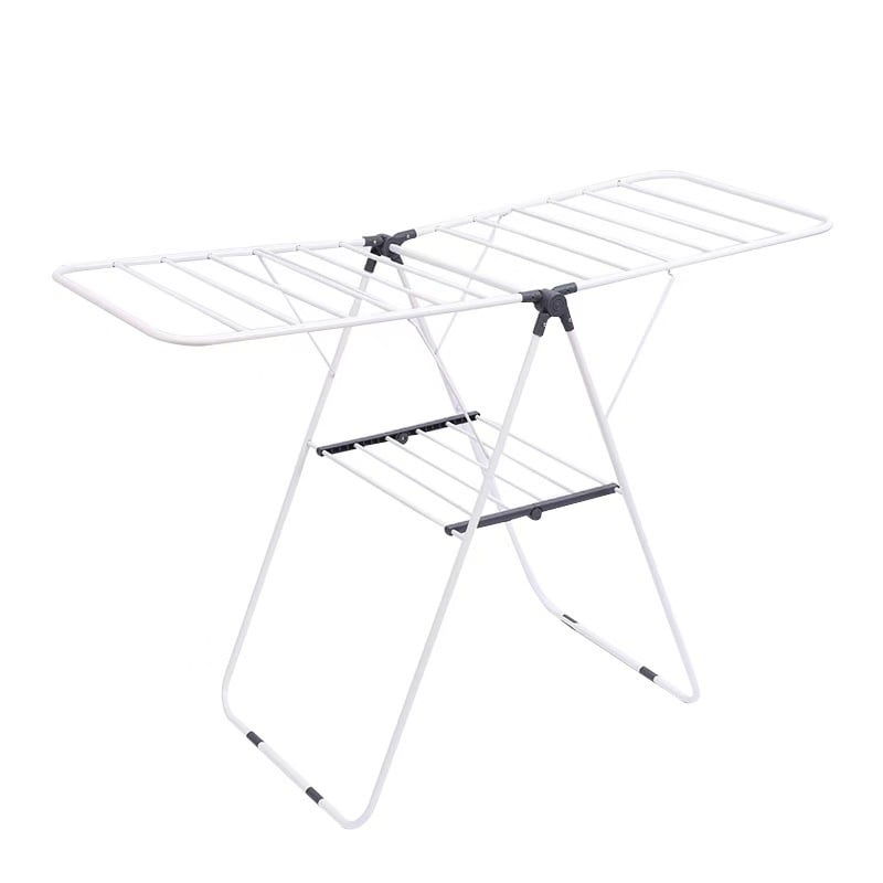 Двустепен подов сушач за дрехи, метален и мобилен, за балкон, суши бебешки завивки и обувки, с функция за съхранение
