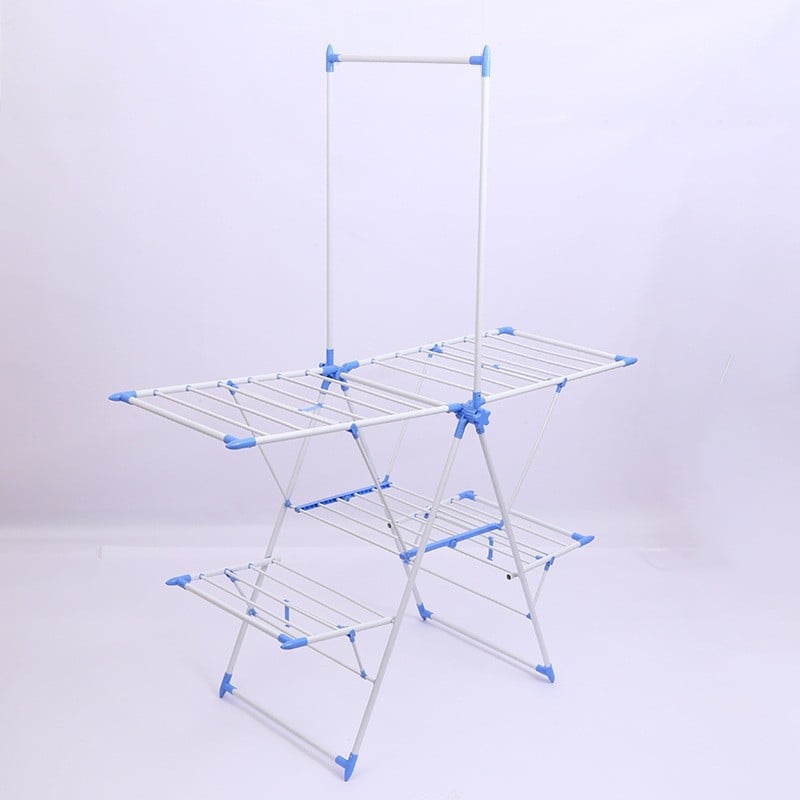 Двустепен подов сушач за дрехи, метален и мобилен, за балкон, суши бебешки завивки и обувки, с функция за съхранение