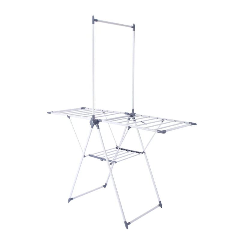 Двустепен подов сушач за дрехи, метален и мобилен, за балкон, суши бебешки завивки и обувки, с функция за съхранение
