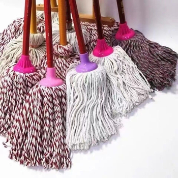 Mop îngroșat cu mâner din lemn, cap rotund, fir de bumbac, fâșii absorbante din material, mop tradițional