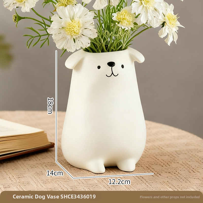 Vază ceramică cu cățeluș drăguț – decor pentru birou, sufragerie, hol sau dormitor.