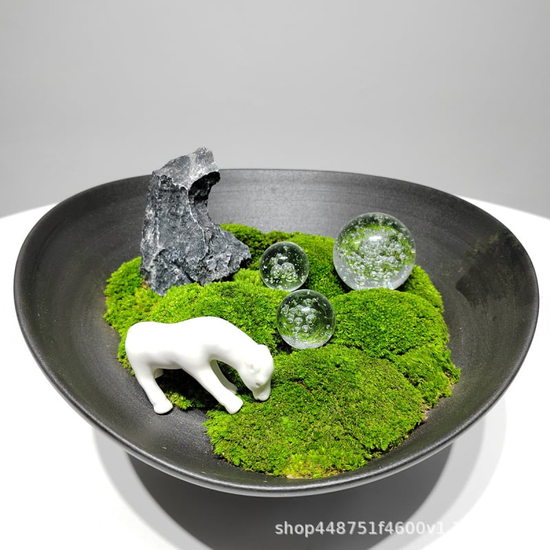 Керамична декоративна композиция с вечен мъх, керамично цвете и кон, кристална топка, височина 18 см – реквизит за фотография и домашен декор