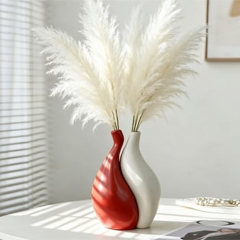 Комплект от две вази за цветя, модерен минималистичен стил, оранжево-бяла керамика, домашен декор