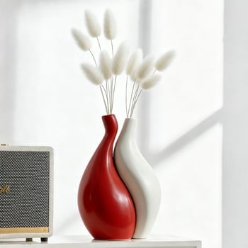 Комплект от две вази за цветя, модерен минималистичен стил, оранжево-бяла керамика, домашен декор