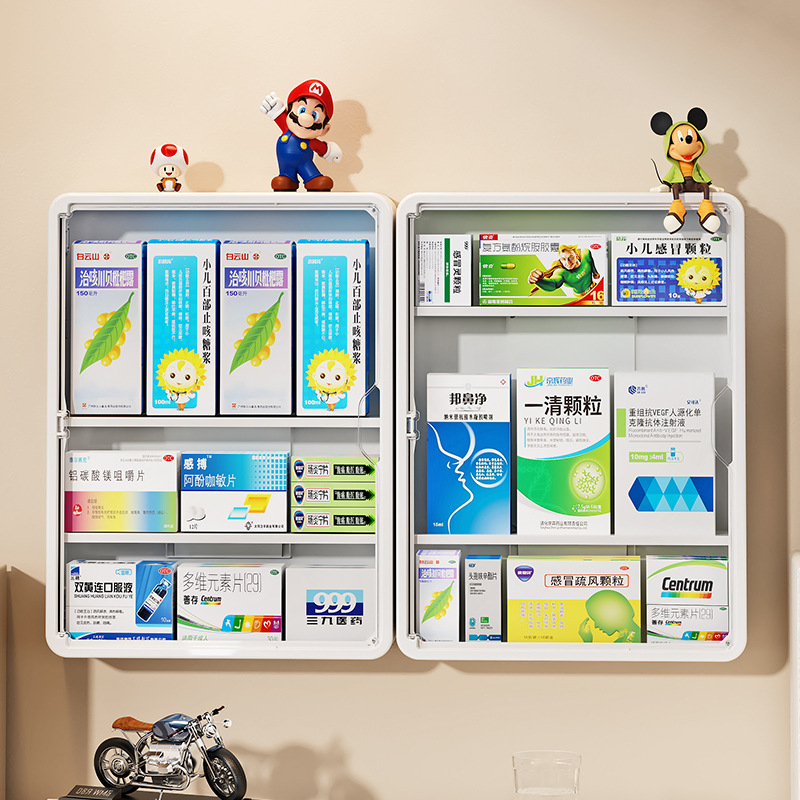 Многослойна стенна аптечка за дома, прозрачен корпус, голям капацитет, без пробиване