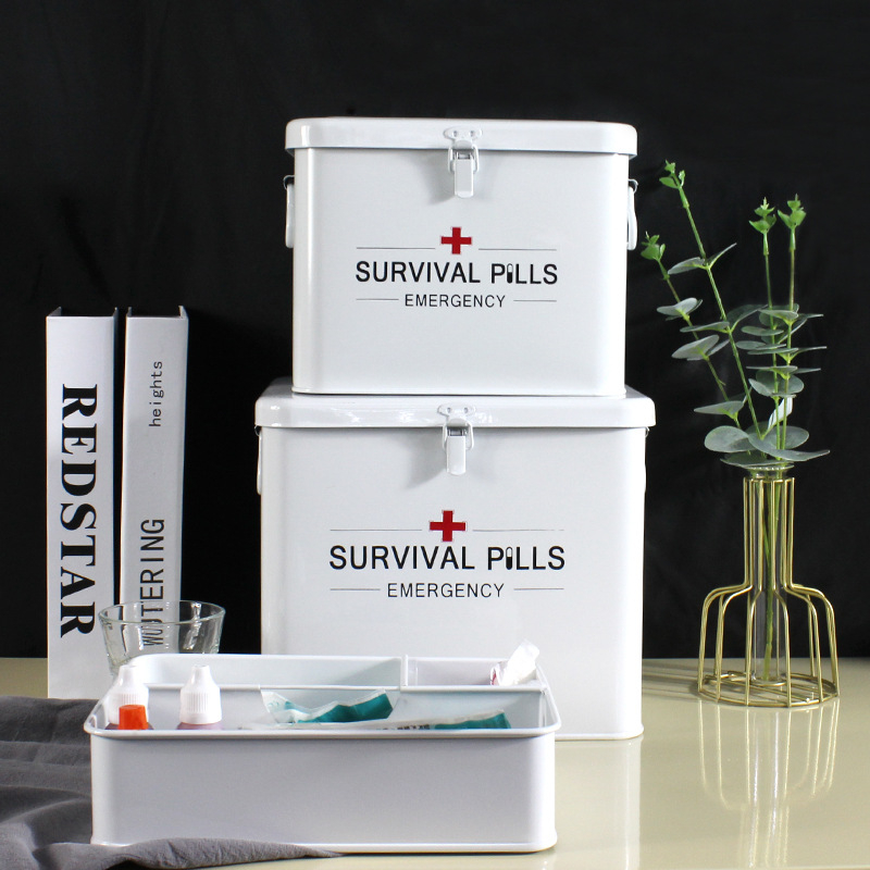 Портативен метален аптечен кут за дома със заключващ се капак; първа помощ и инструментална кутия за съхранение