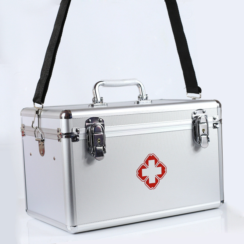 Двоен слой алуминиева медицинска кутия, голям капацитет за лекарства за дома и пътувания, преносим комплект за спешни случаи.