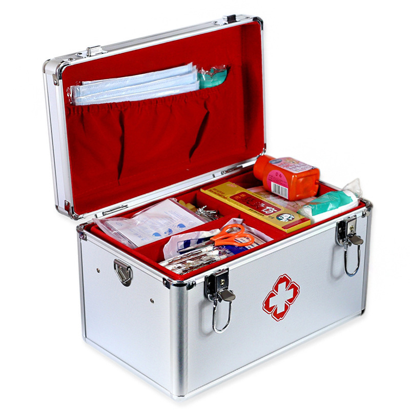 Двоен слой алуминиева медицинска кутия, голям капацитет за лекарства за дома и пътувания, преносим комплект за спешни случаи.