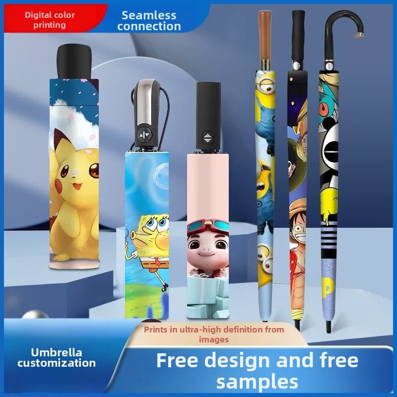 Automatická skladacia slnečná búra s logom a plnofarebným karikatúrnym motívom; rám z hliníka, 8 lúčov, drevená rukoväť, polyesterový 190T, UPF >50